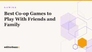 Illustrated EditorBuzz cover for best co-op games roundup with purple hexagon motif on cream background