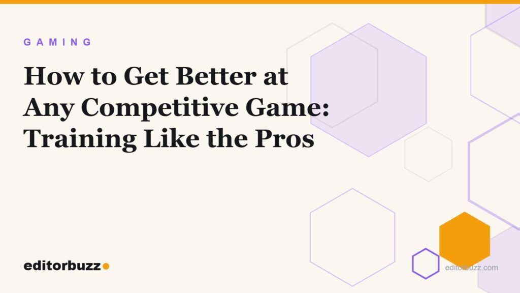Illustrated EditorBuzz cover for competitive gaming improvement guide with purple hexagon motif on cream background