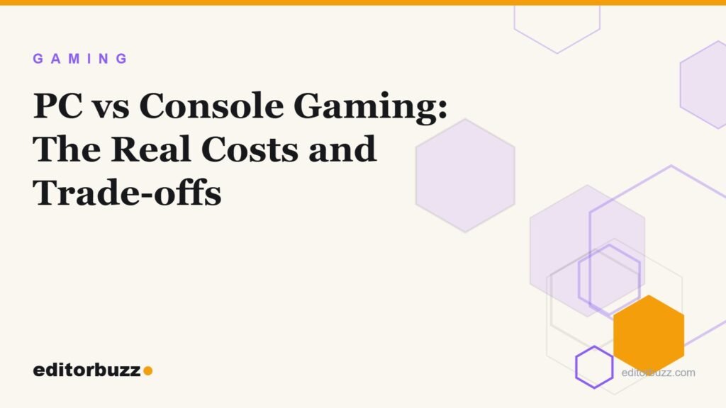 Illustrated EditorBuzz cover for PC vs console gaming comparison with purple hexagon motif on cream background