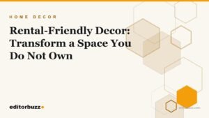 Rental friendly decor ideas cover showing damage-free home makeover concept with hexagon motif on cream background