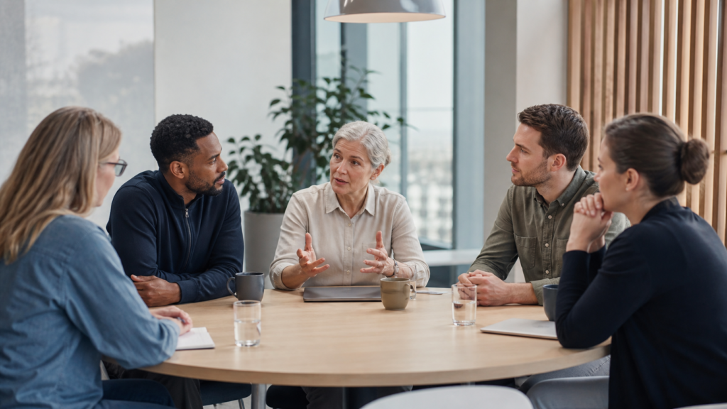 HR leaders and employee representatives discussing a workforce transition in Denmark